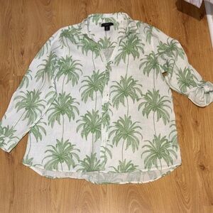 TAHARI Green/White Palm Print 100% Linen Button Down